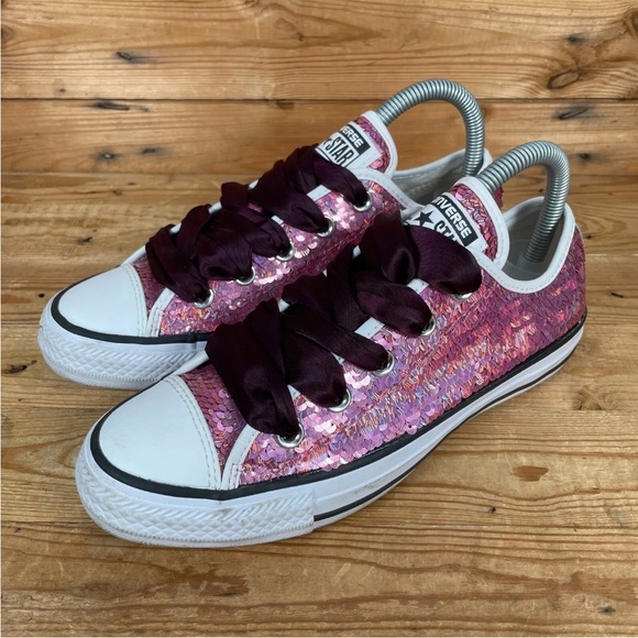 CONVERSE All Star Trainers Size UK 4 Womens Pink Sequin Glitter Lace Up Shoes - Picture 4 of 13
